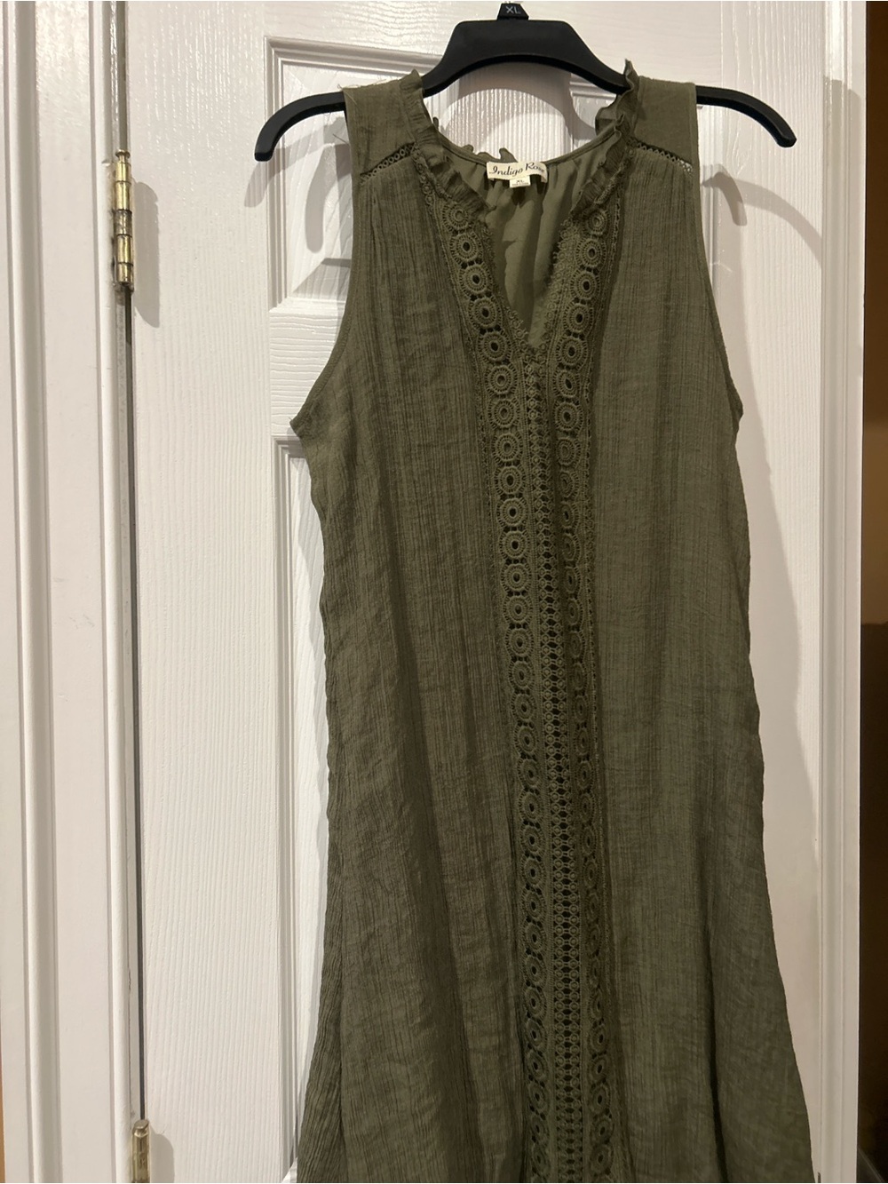 Sleeveless Olive Midi Dress with Crochet-Trim